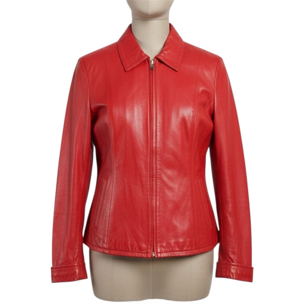 Vintage Red Genuine Leather Zip Front Made in Italy Jacket Size Medium
